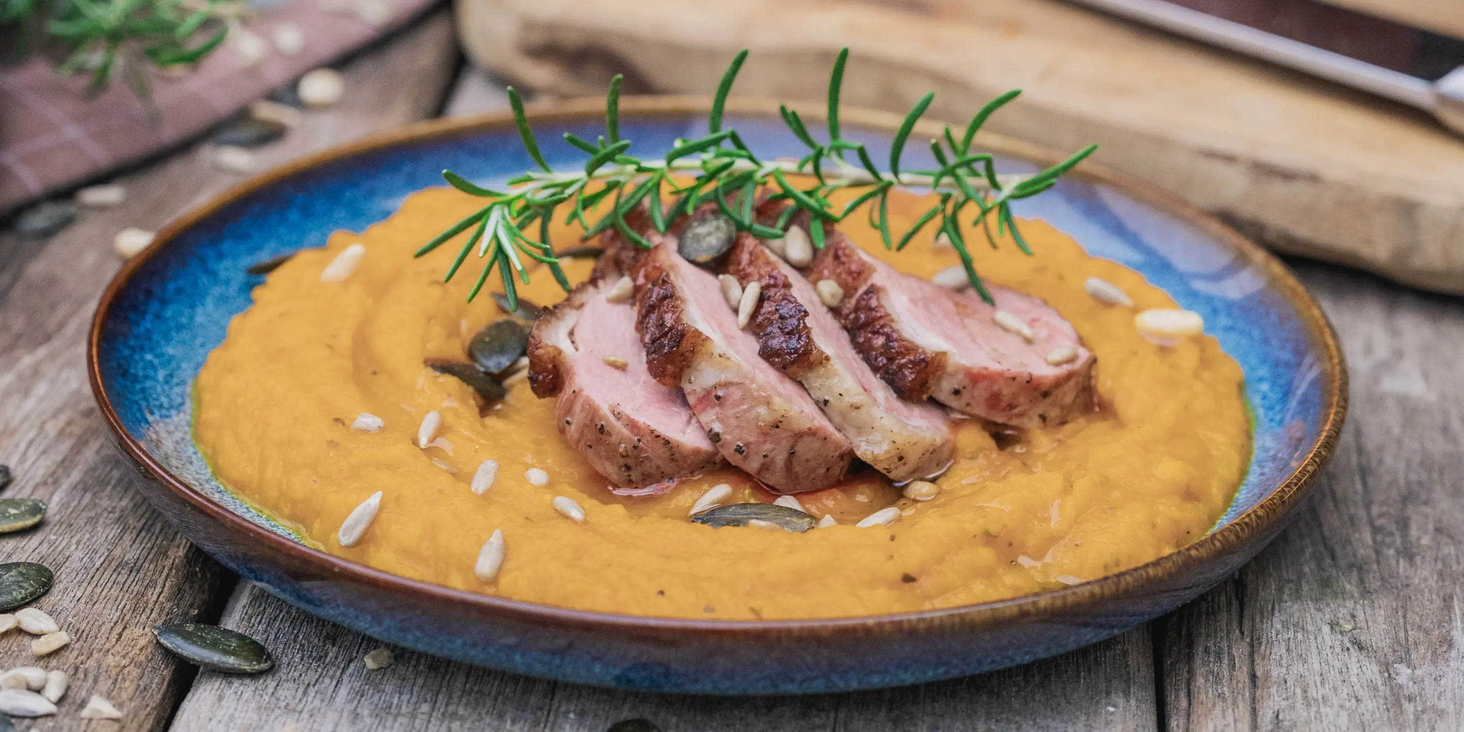 Getruffeld pompoenpuree met eendenborst